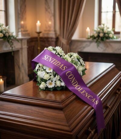 Cubre caja fúnebre con arreglo floral blanco y morado, destacando una cinta satinada morada con el texto 'SENTIDAS CONDOLENCI