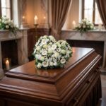 Elegante cubre caja fúnebre con rosas blancas y margaritas, formando un corazón sobre un ataúd de madera oscura en un entorno