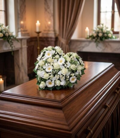 Elegante cubre caja fúnebre con rosas blancas y margaritas, formando un corazón sobre un ataúd de madera oscura en un entorno