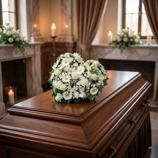 Elegante cubre caja fúnebre con rosas blancas y margaritas, formando un corazón sobre un ataúd de madera oscura en un entorno