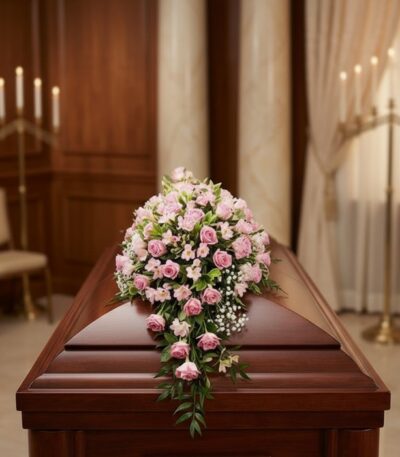Cubre caja fúnebre con rosas rosadas y follaje verde, sobre un ataúd de madera oscura en una sala de velación premium con luz