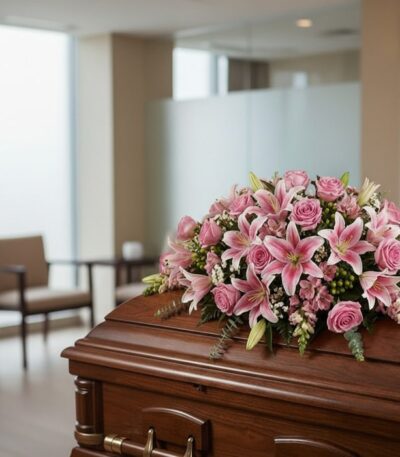 Cubre caja fúnebre Ifigenia con rosas y lirios rosados, eucalipto y astromelias, sobre un ataúd de madera en una sala de vela