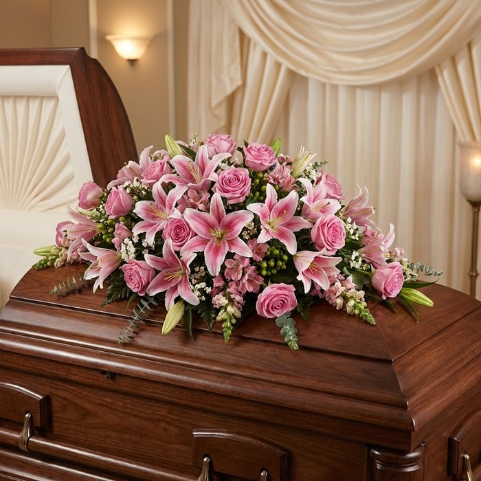 Cubre caja fúnebre Ifigenia con rosas y lirios rosados, eucalipto y follaje verde, elegantemente dispuesto sobre un ataúd de