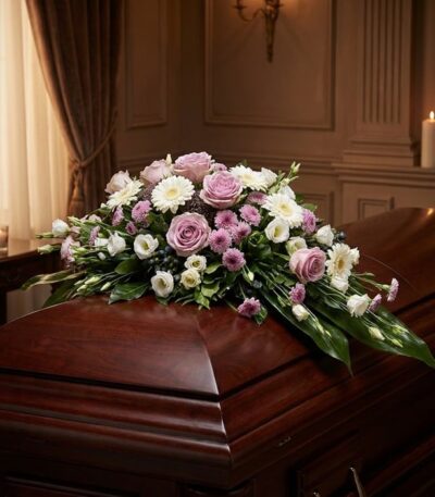 Cubre caja fúnebre "Jardín de Ines" con rosas lilas, margaritas blancas y flores moradas sobre un ataúd de madera oscura en u