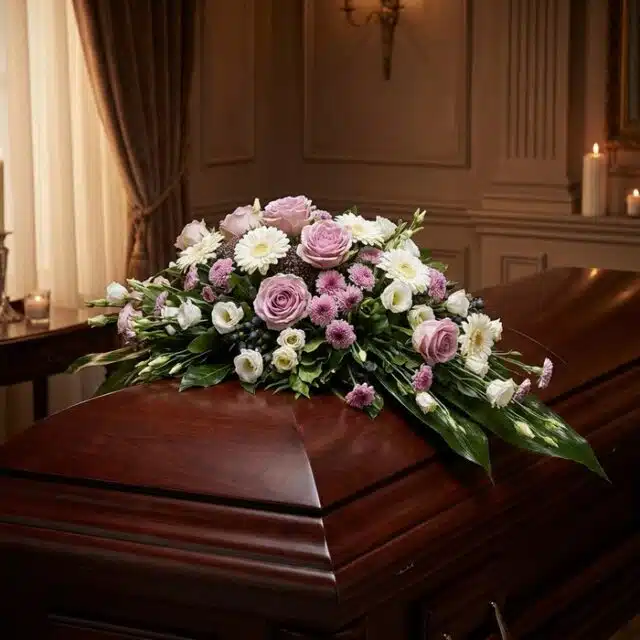 Cubre caja fúnebre "Jardín de Ines" con rosas lilas, margaritas blancas y flores moradas sobre un ataúd de madera oscura en u