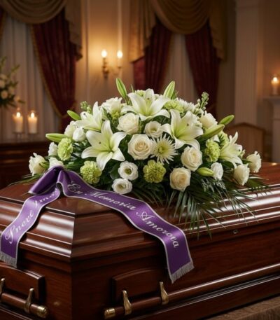 Cubre caja fúnebre "Legado Eterno de Tomás" con lirios, rosas blancas y cinta morada en sala de velación premium, luz difusa.