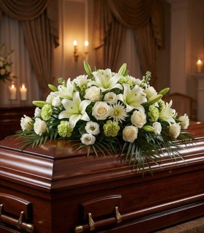 Cubre caja fúnebre 'Legado Eterno de Tomás' con lirios blancos, rosas y follaje verde sobre un ataúd de madera oscura en un a