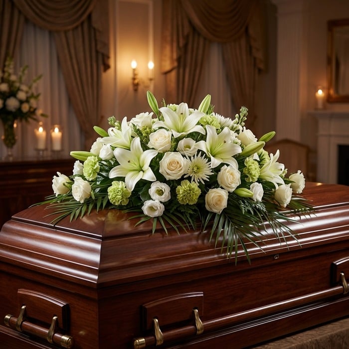 Cubre caja fúnebre 'Legado Eterno de Tomás' con lirios blancos, rosas y follaje verde sobre un ataúd de madera oscura en un a