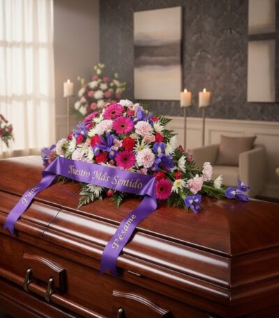 Cubre caja fúnebre 'El Legado de Francisco' con un arreglo floral vibrante de gerberas, claveles e iris, y una cinta morada c