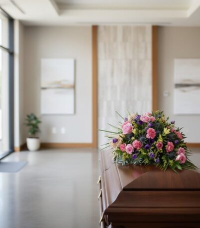 Cubre caja fúnebre 'Legado Sereno de Ivon' con rosas rosadas, claveles y follaje, sobre un ataúd de madera en una sala de vel