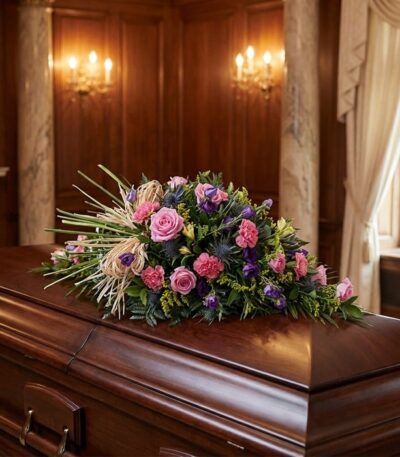 Cubre caja fúnebre 'Legado Sereno de Ivon' con rosas rosadas, claveles y cardos azules sobre un ataúd de madera oscura en un