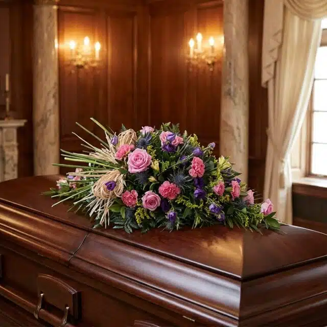 Cubre caja fúnebre 'Legado Sereno de Ivon' con rosas rosadas, claveles y cardos azules sobre un ataúd de madera oscura en un