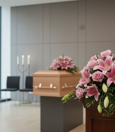 Cubre caja fúnebre Lino con rosas y lirios rosados en primer plano, en una sala de velación moderna con ataúd de madera desen