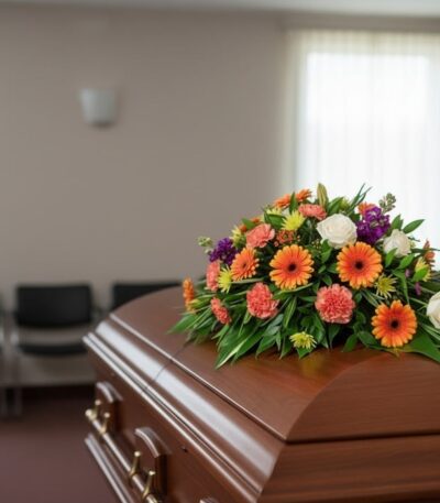 Cubre caja fúnebre 'Paz Eterna' con flores variadas en tonos naranja, blanco y morado, sobre un ataúd de madera en una sala d
