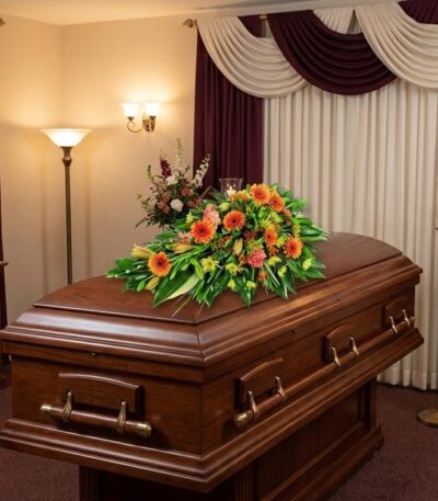 Cubre caja fúnebre 'Paz Eterna' con flores frescas y vibrantes sobre un ataúd de madera oscura en un entorno elegante y bien