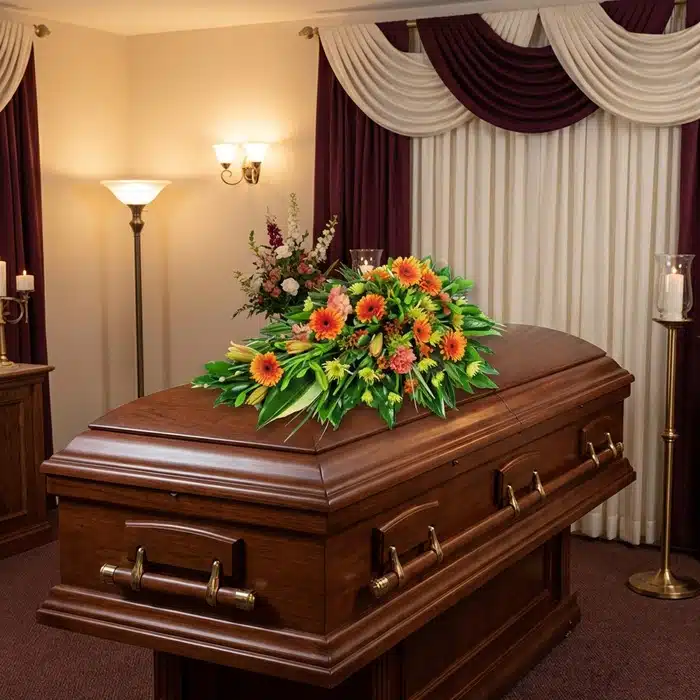 Cubre Caja Fúnebre Paz Eterna: Homenaje Floral para Despedir a Jair Cubre caja fúnebre 'Paz Eterna' con flores frescas y vibrantes sobre un ataúd de madera oscura en un entorno elegante y bien