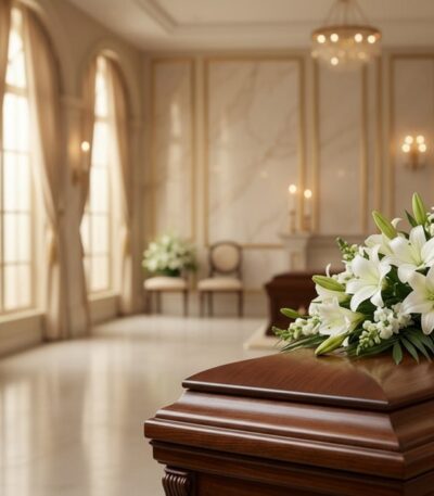 Cubre caja fúnebre 'Legado de José' con rosas blancas y lirios, delicadamente dispuesto sobre un ataúd de madera en una sala