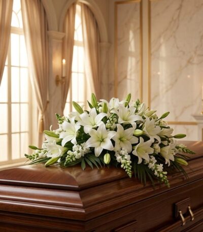 Cubre caja fúnebre 'Legado de José' con rosas blancas y lirios, sobre un ataúd de madera oscura en un entorno elegante y sole