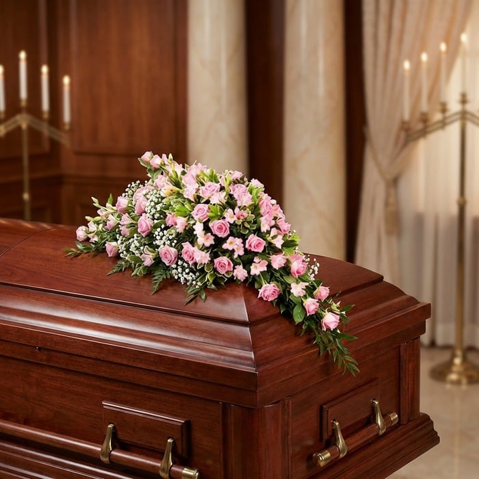 Cubre caja fúnebre elegante con rosas rosadas y follaje verde, delicadamente dispuesto sobre un ataúd de madera oscura en un
