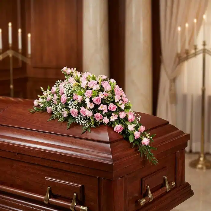 Cubre Caja Fúnebre en Homenaje a Juana con Rosas Rosadas Cubre caja fúnebre elegante con rosas rosadas y follaje verde, delicadamente dispuesto sobre un ataúd de madera oscura en un