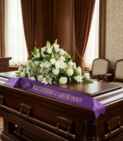 Cubre caja fúnebre solemne con arreglo floral blanco y cinta morada 'En Recuerdo Cariñoso' en sala de velación premium.