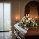 Arreglo floral cubre caja Genoveva con rosas blancas, lirios y follaje sobre un ataúd de madera en una sala de velación moder