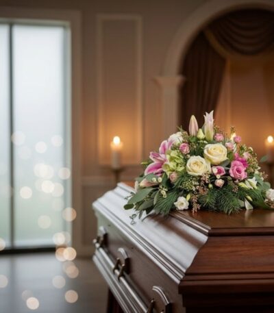 Arreglo floral cubre caja Genoveva con rosas blancas, lirios y follaje sobre un ataúd de madera en una sala de velación moder
