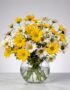 Arreglo floral Agatha con margaritas amarillas y blancas en un jarrón de cristal, ideal para regalar y decorar.