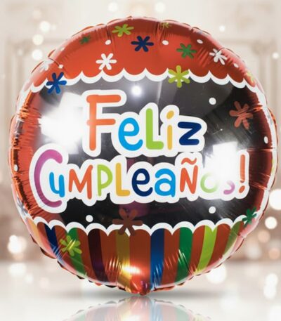 Globo metalizado de feliz cumpleaños con diseño colorido y festivo, ideal para decorar fiestas y eventos especiales.
