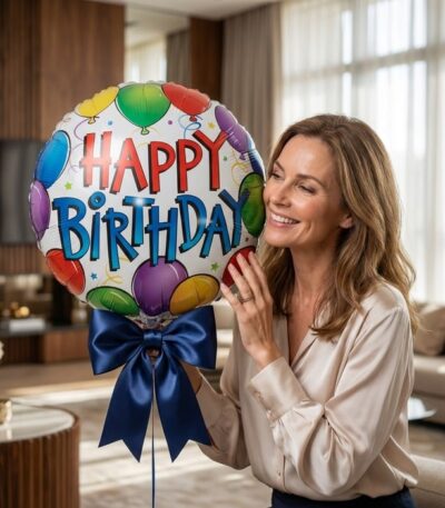 Mujer sonriente sosteniendo un globo metalizado de Feliz Cumpleaños con un lazo azul, en un entorno de hogar de lujo.