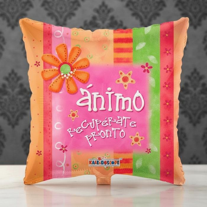 Globo metalizado cuadrado con diseño vibrante y mensaje 'Ánimo Recupérate Pronto', ideal para regalar y levantar el ánimo.