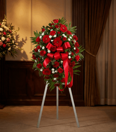 Pedestal fúnebre 'Homenaje Eterno a Andrés' con rosas rojas, claveles blancos y follaje verde, presentado en una elegante sal