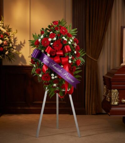 Pedestal fúnebre con rosas rojas, margaritas blancas y follaje verde, adornado con una cinta morada que dice 'Con Sentido Pés