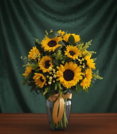 Jarrón de cristal transparente con un arreglo de 12 girasoles vibrantes, hojas verdes y pequeñas flores amarillas, atado con