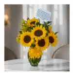 Jarrón de cristal con doce girasoles vibrantes y follaje verde, atado con un lazo amarillo, sobre una mesa de mármol en un en