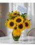 Jarrón de cristal con doce girasoles vibrantes y follaje verde, atado con un lazo amarillo, sobre una mesa de mármol en un en