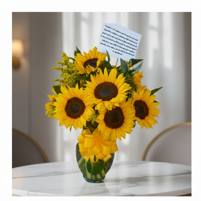 Jarrón de cristal con doce girasoles vibrantes y follaje verde, atado con un lazo amarillo, sobre una mesa de mármol en un en