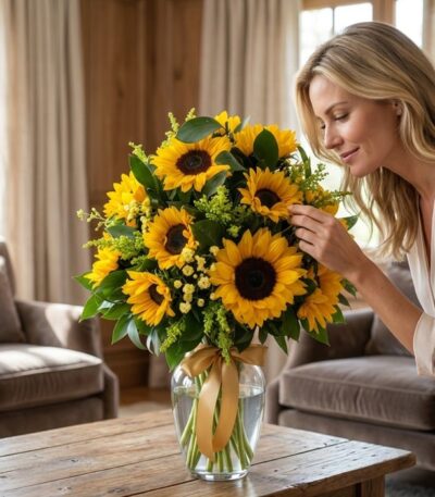 Mujer rubia de mediana edad admirando un jarrón de cristal con 12 girasoles frescos y un lazo dorado, en un salón luminoso de
