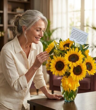 Mujer elegante de cabello gris admirando un jarrón con 12 girasoles vibrantes en un hogar de alto diseño con luz natural suav