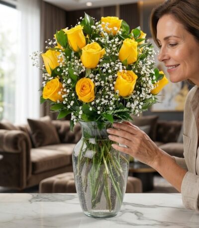Mujer elegante admirando un jarrón con 12 rosas amarillas y follaje, en un lujoso interior de hogar con luz natural suave.