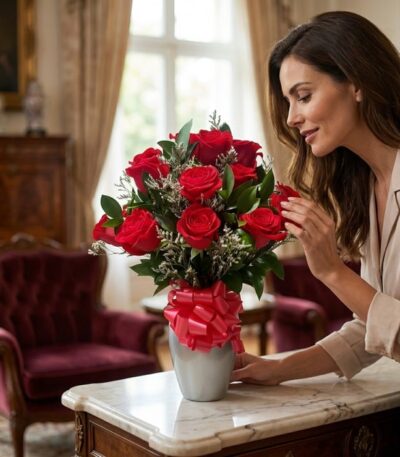 Mujer elegante de mediana edad admirando un jarrón con 12 rosas rojas frescas y un moño rojo, en un lujoso salón con luz natu