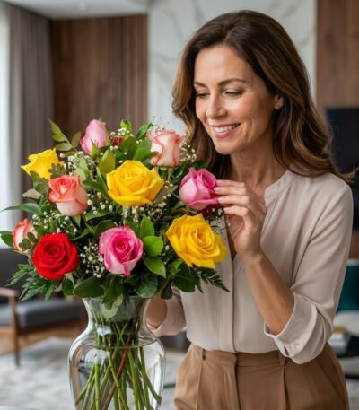 Mujer elegante de mediana edad admirando un jarrón con 12 rosas de colores variados (rojo, amarillo, rosa) en un hogar de dis