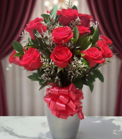 Jarrón plateado con doce rosas rojas frescas y follaje verde, atado con un lazo rojo brillante, sobre una mesa de mármol blan