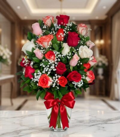Jarrón de cristal con 18 rosas de varios colores (rojas, blancas, rosas, naranjas) y follaje verde, adornado con un moño rojo