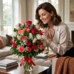 Mujer elegante de mediana edad admirando un jarrón con 18 rosas multicolor (rojas, rosas, blancas, naranjas) en un lujoso sal