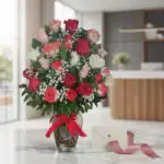 Jarrón de cristal con 18 rosas de varios colores (rojo, blanco, rosa, naranja) y follaje verde, sobre una mesa de mármol blan