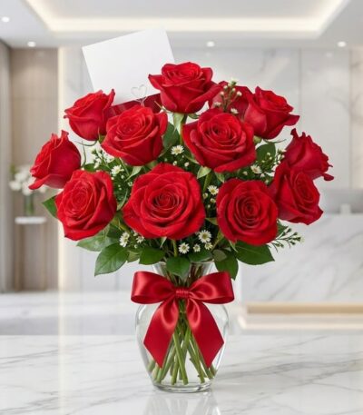 Jarrón de cristal con 18 rosas rojas vibrantes y abiertas, adornado con un elegante moño rojo, sobre una superficie de mármol