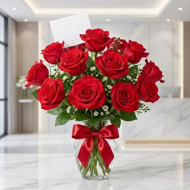 Jarrón de cristal con 18 rosas rojas vibrantes y abiertas, adornado con un elegante moño rojo, sobre una superficie de mármol
