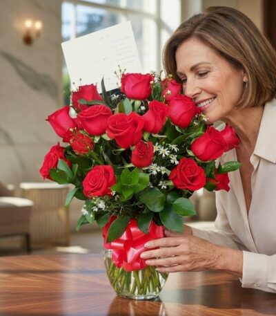 Mujer elegante de mediana edad admirando y oliendo un jarrón con 18 rosas rojas frescas y un moño rojo, en un hogar de alto d