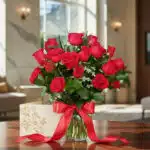 Jarrón de cristal con 18 rosas rojas frescas y exuberantes, atado con una cinta de satén rojo, sobre una mesa de madera pulid
